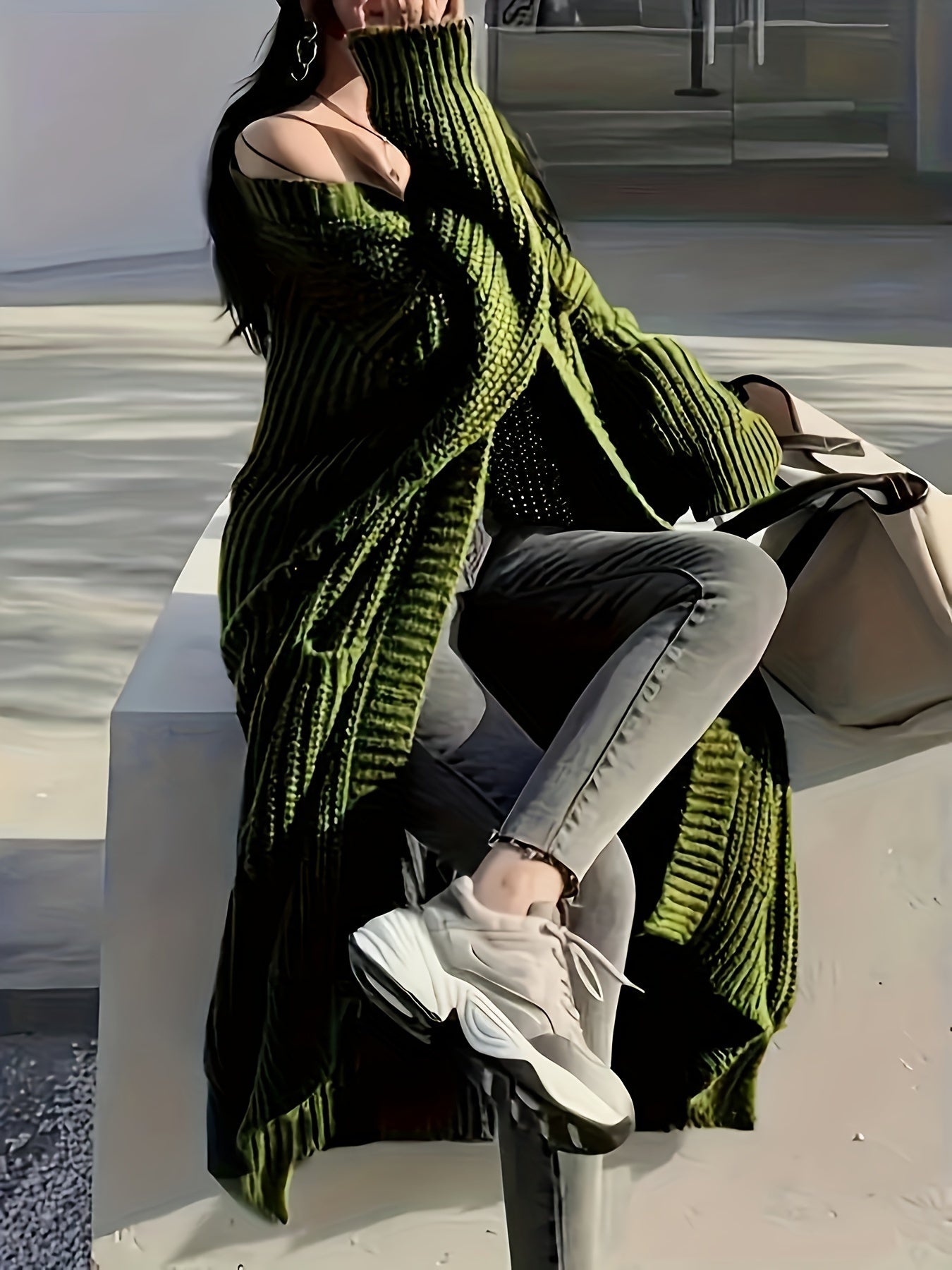 Женский кардиган с длинными рукавами и открытой передней частью, большой размер, повседневный, однотонный, вязаный