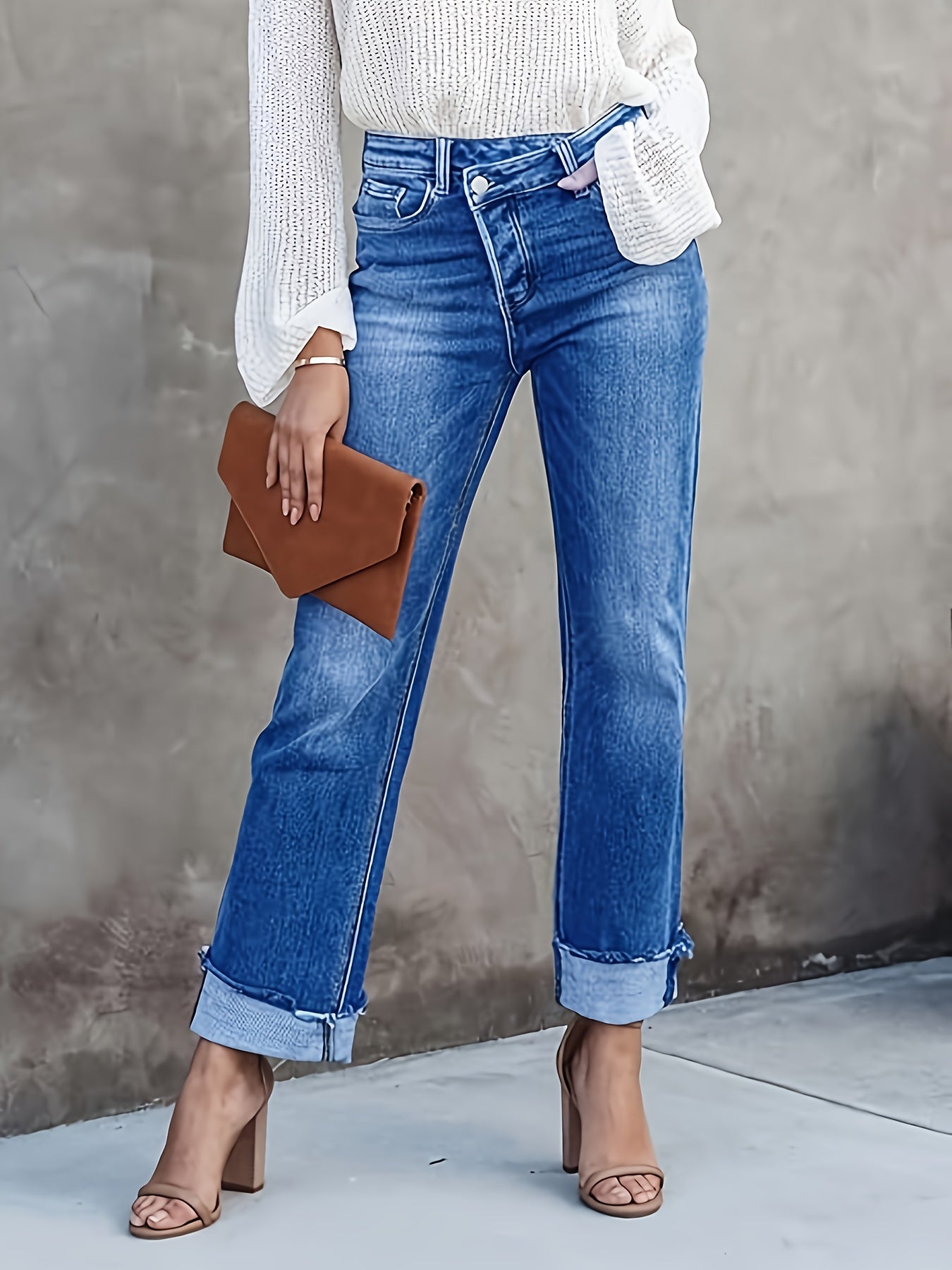 Pantalones cortos Bermuda de tamaño grande vintage con dobladillo enrollado, color azul lavado sólido