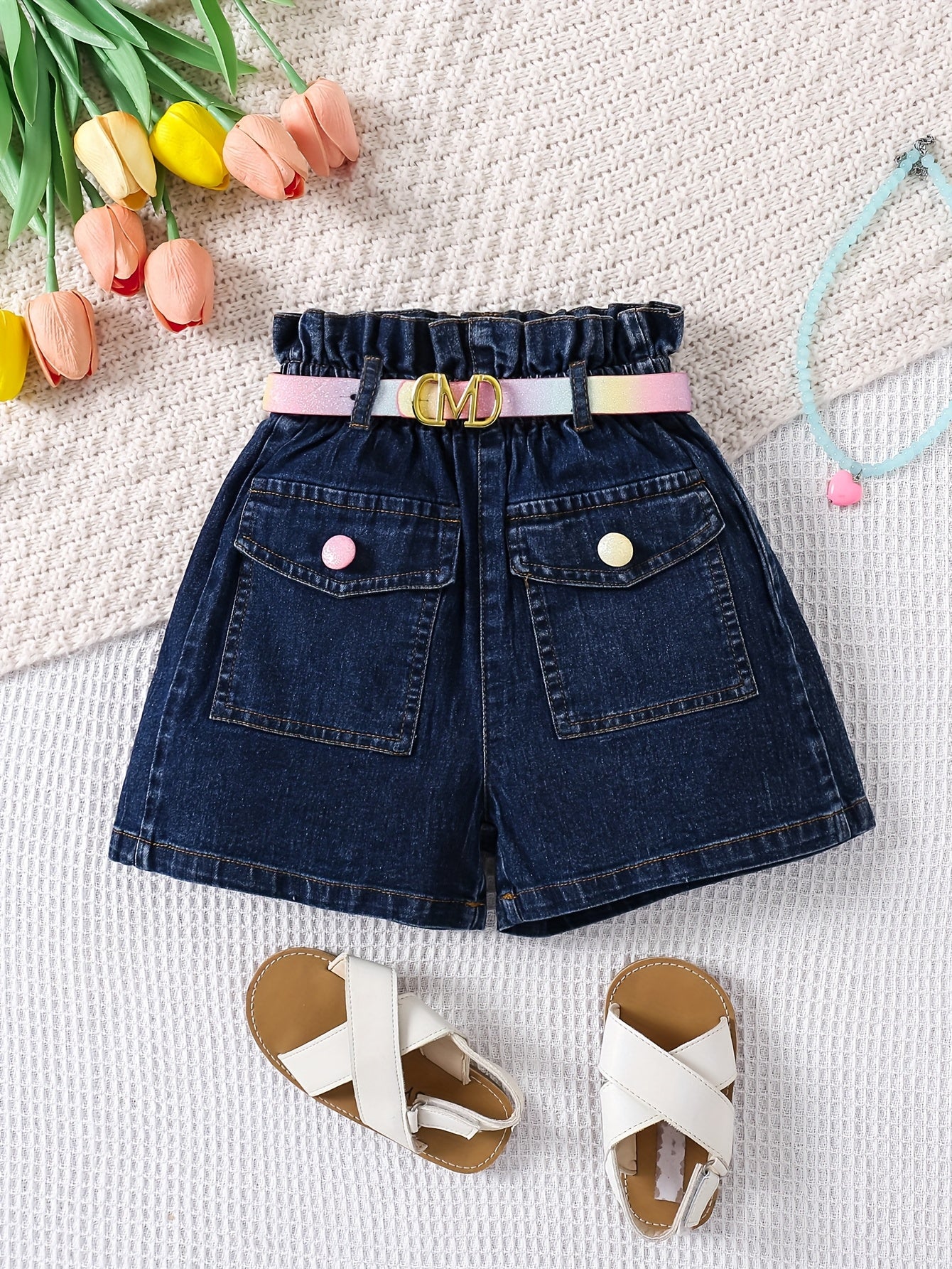 Girls' High-Waist Denim Shorts with Adjustable Belt and Pockets for Spring Summer Fall