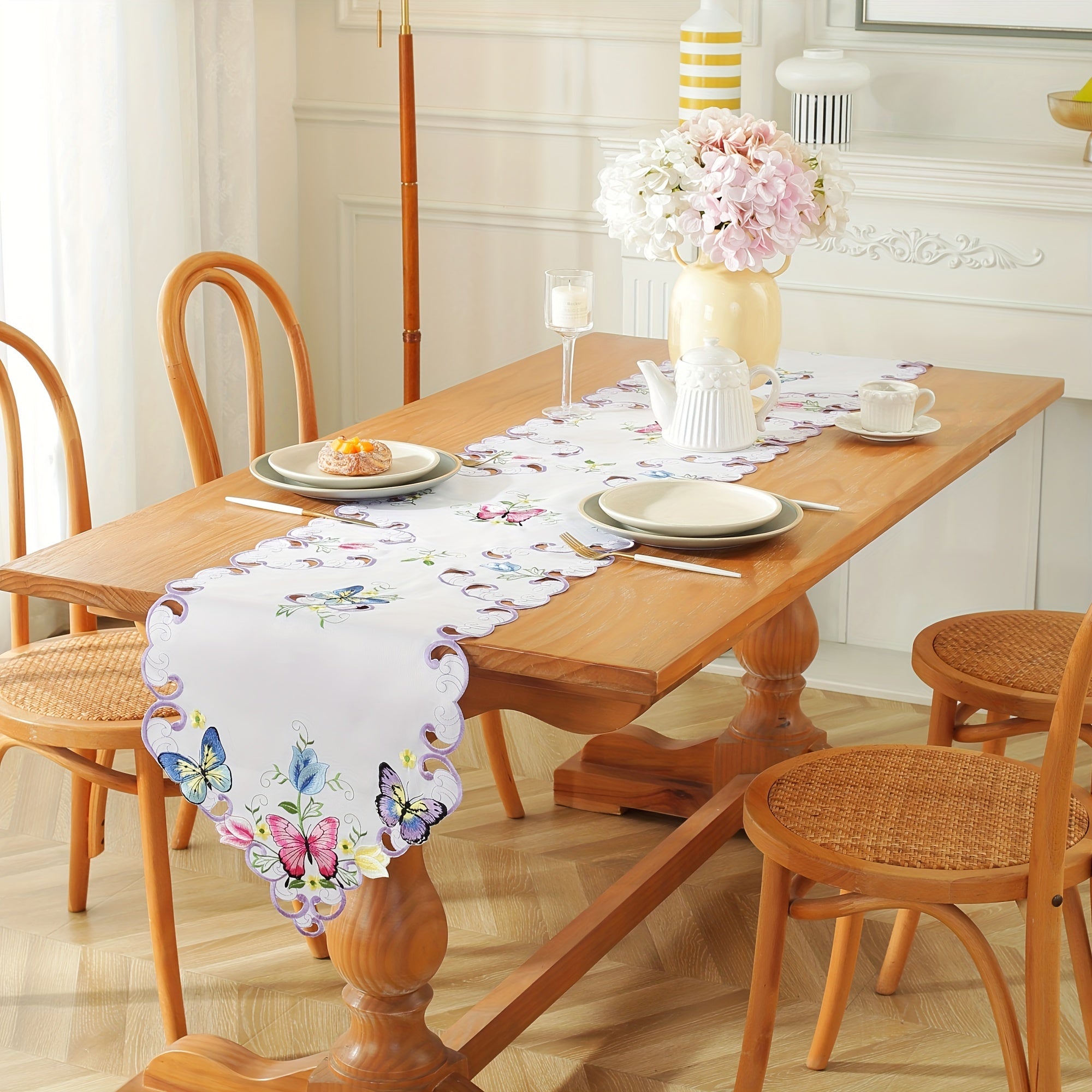 Polyester Table Runner with Butterfly and Flower Embroidery for Home Party Decor