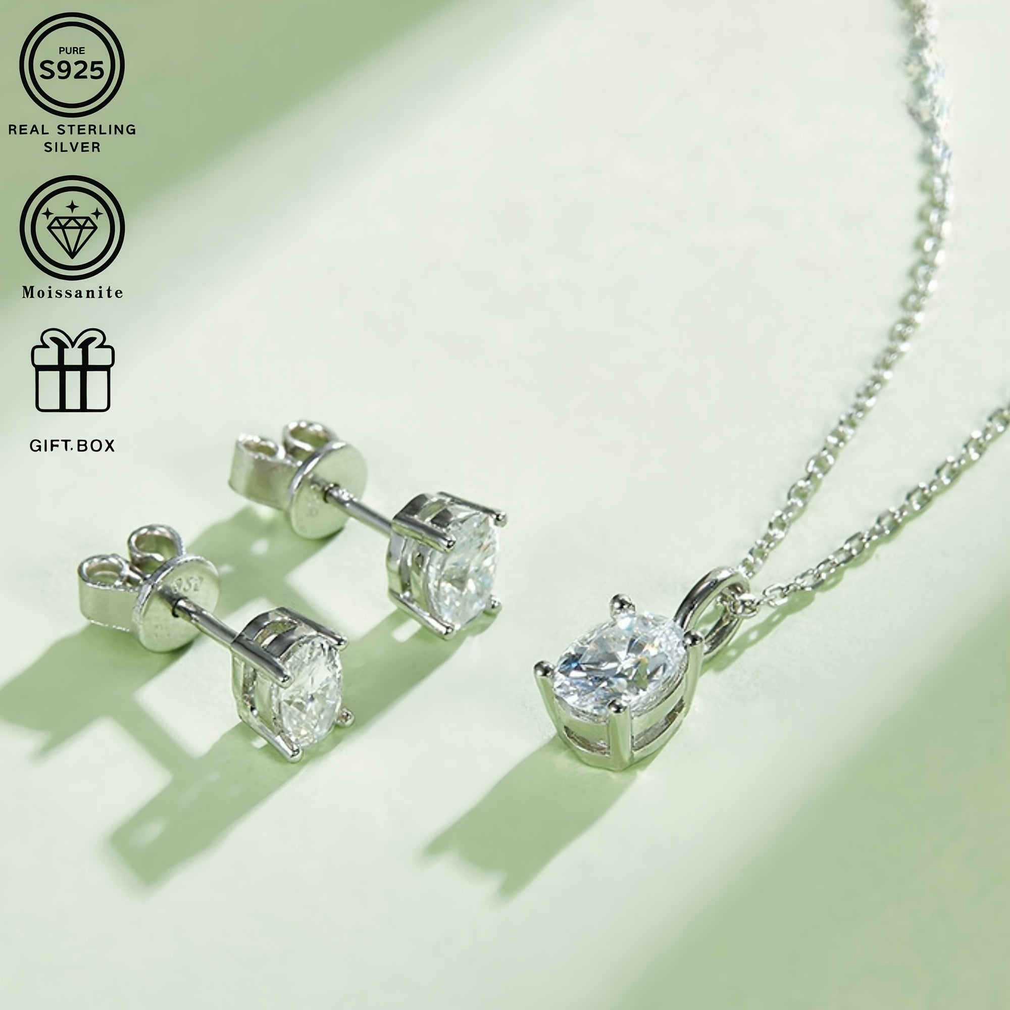 Sterling Silver Jewelry Set with Moissanite Pendant Necklace and Stud Earrings for Women