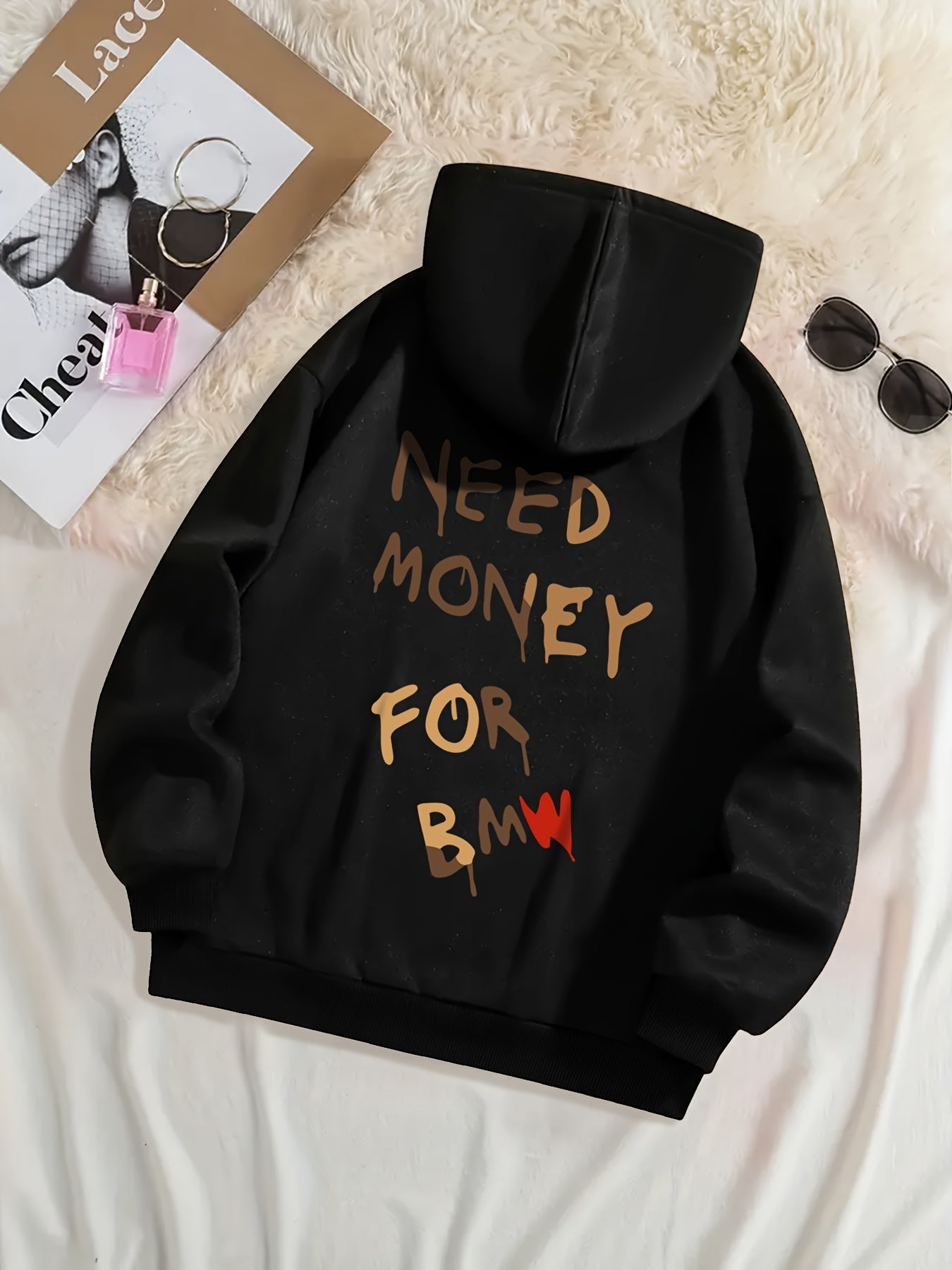 Ayollar uchun poliester xuddi, to'qilgan mato va ozgina cho'zilish bilan, fleysli qopqoq, bosma yozuvlar va cho'ntaklar bilan.