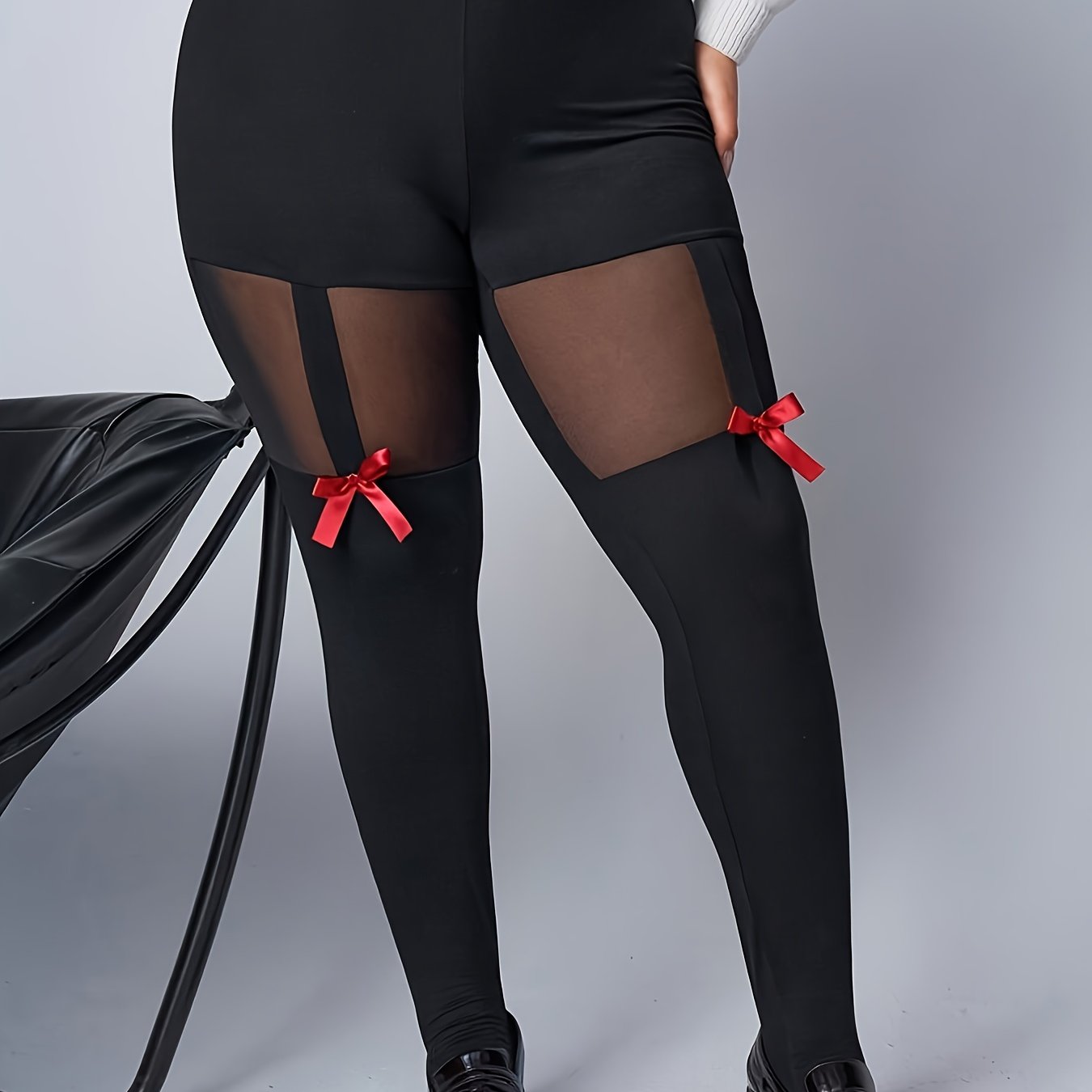 Plus Size Women's Orange Mesh High Waist Leggings with Bow Detail