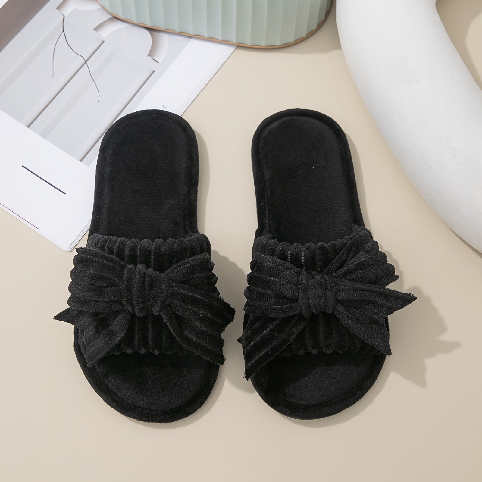 Women's Solid Color Bowknot Plush Slippers Open Toe Indoor Shoes