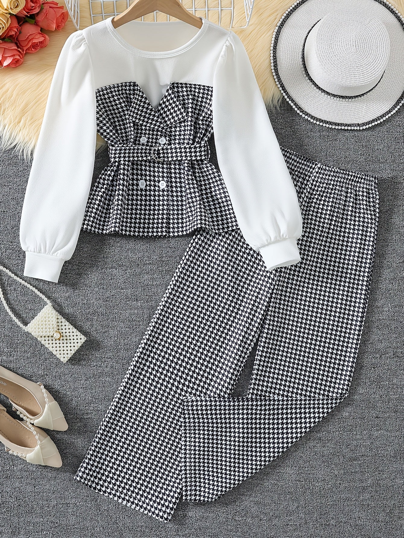 Girls Autumn Winter Korean Style Houndstooth Top and Wide-Leg Pants Set