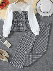 Girls Autumn Winter Korean Style Houndstooth Top and Wide-Leg Pants Set