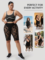 Plus Size Women's Lace Trim High-Waisted Shorts Black Floral Breathable