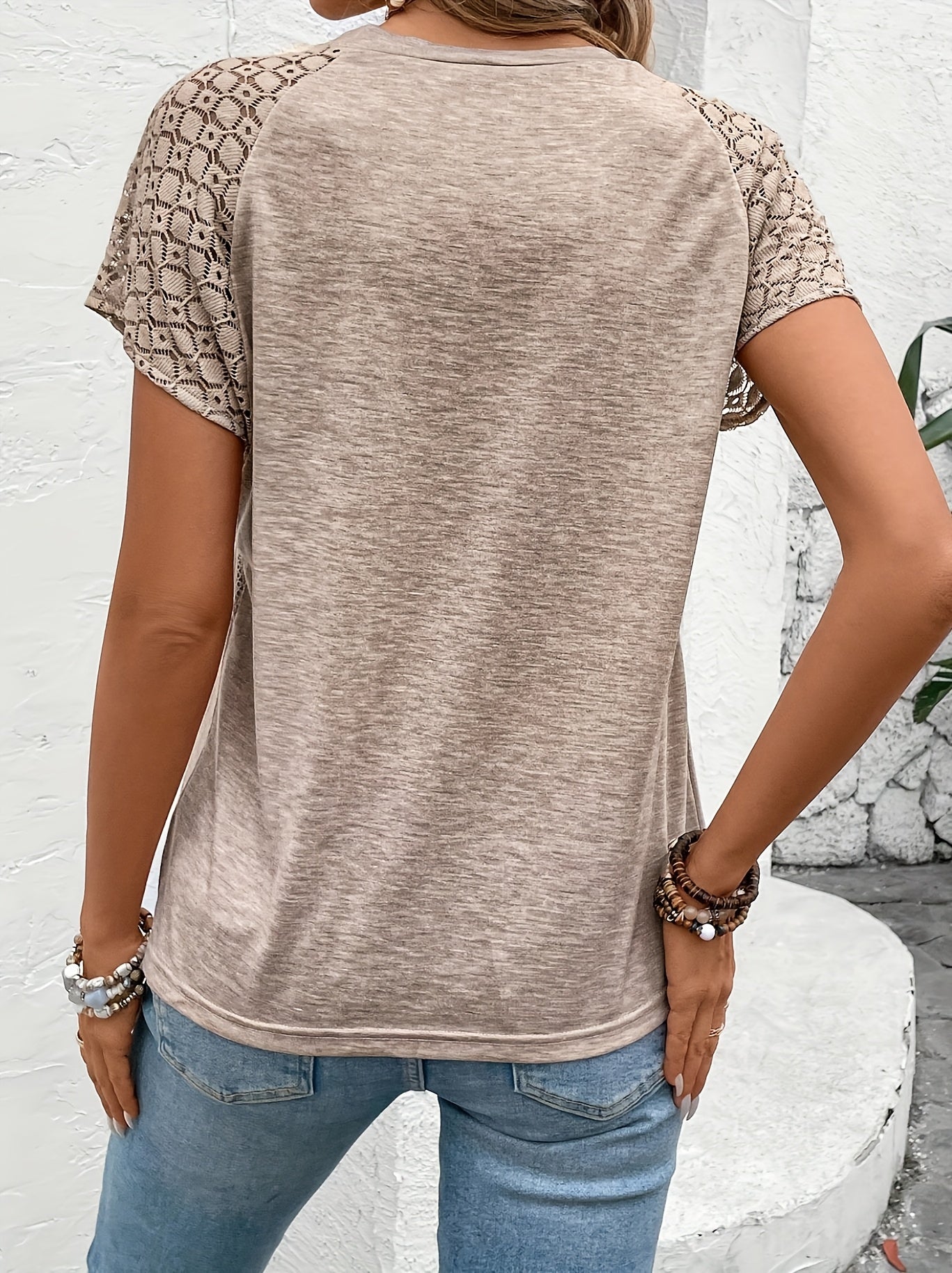 Women's Summer Lace Sleeve T-Shirt Crew Neck Short Sleeve Breathable Polyester Blend