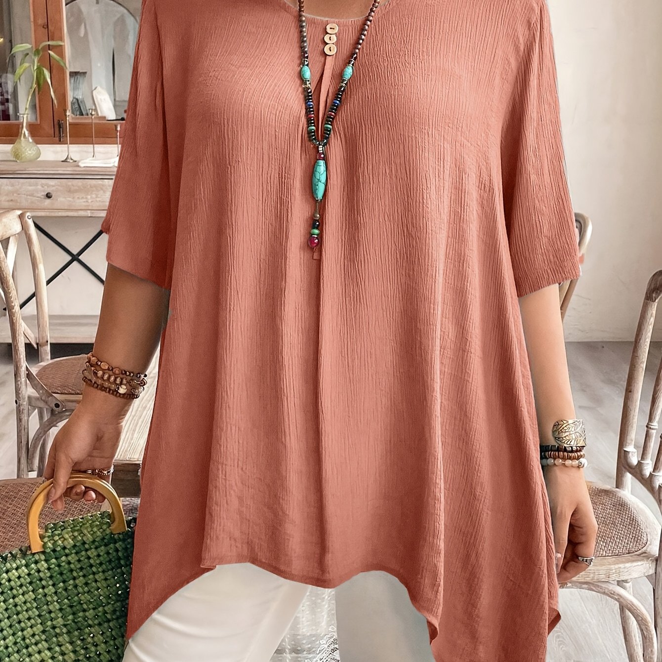 Women's Short Sleeve Shirt Casual Asymmetrical Hem Solid Color Blouse
