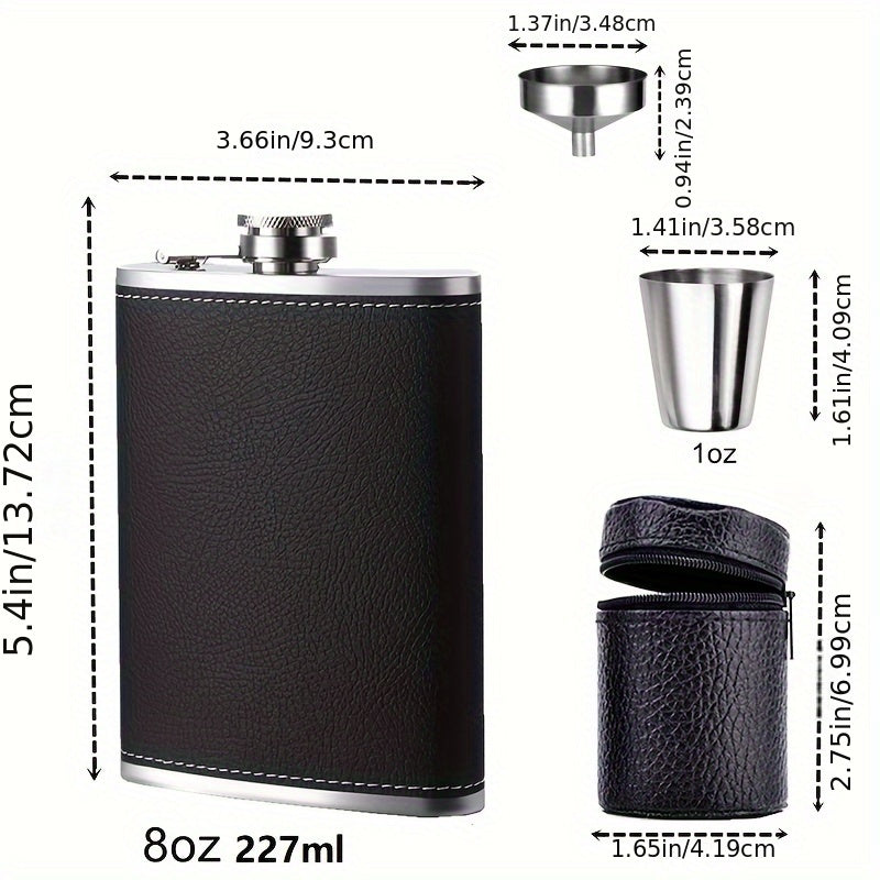 8oz Stainless Steel Flask Set with Leather Wrap 4 Cups and Funnel Leakproof for Whiskey Rum Vodka