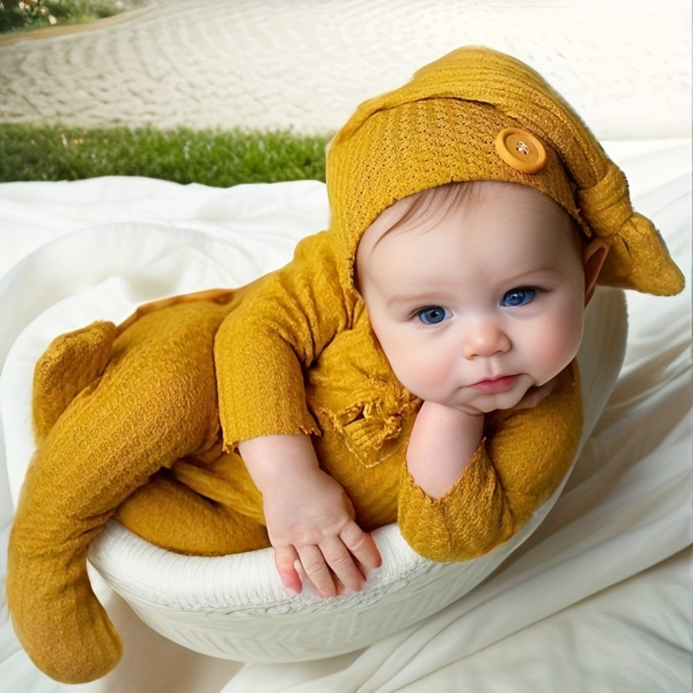 Newborn Baby Boy Clothes Set Long Sleeve Knitted Romper Beanie Photography Props