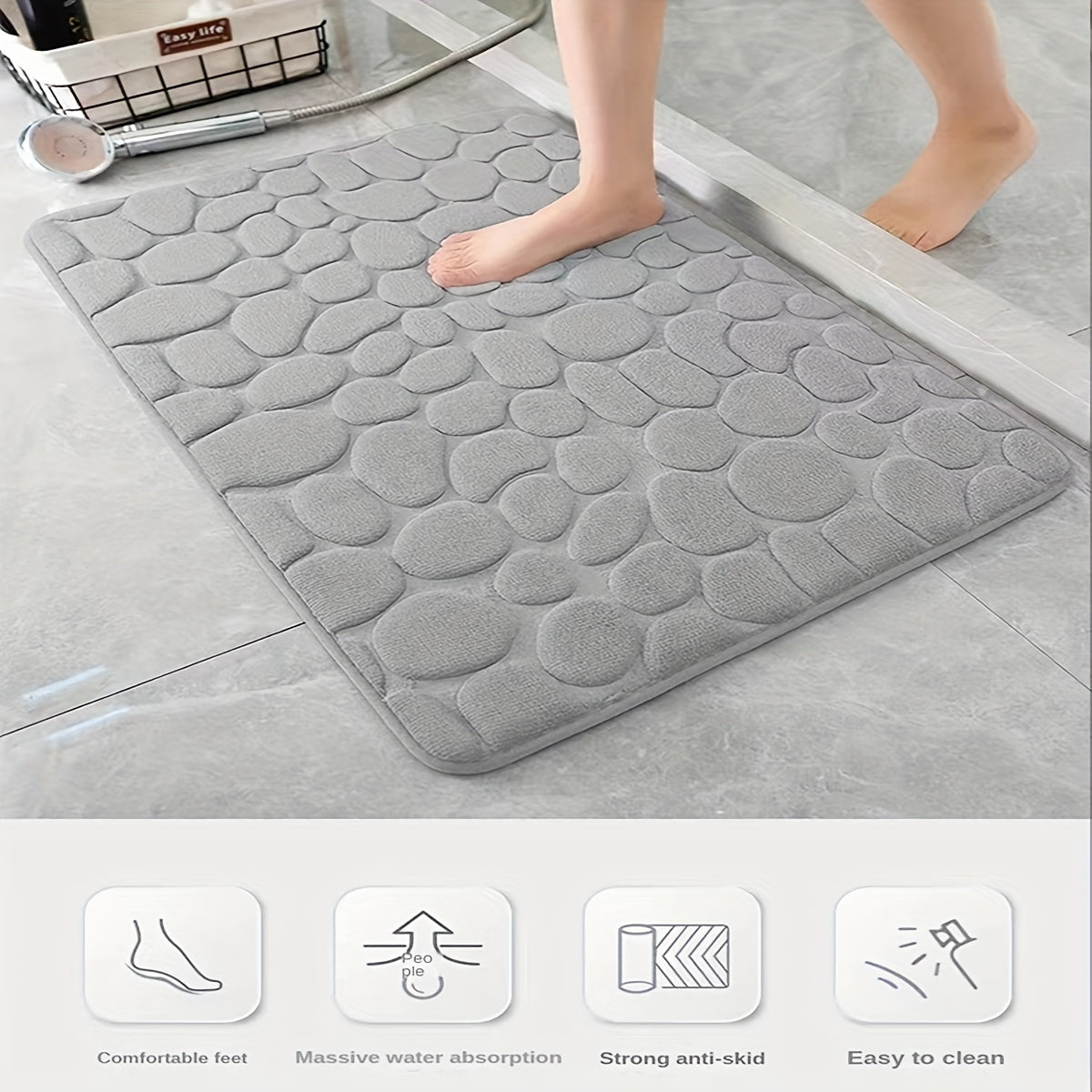 Cobblestone Embossed Bathroom Bath Mat Non-Slip Water Absorbent Machine Washable