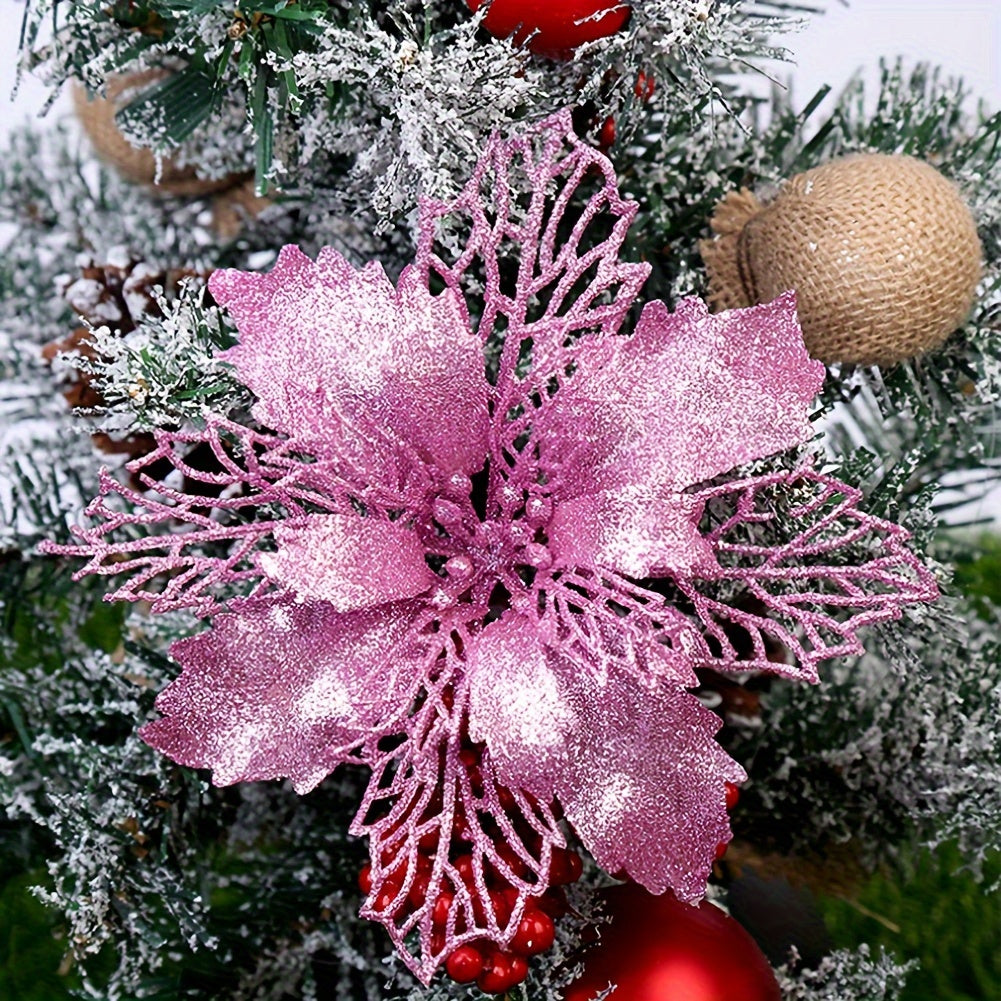 Artificial Christmas Flowers Set 10 Pieces 9cm Glitter Tree Ornaments for Holiday Decor