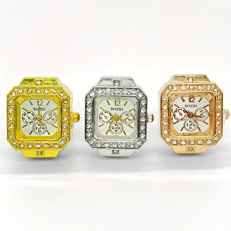 Square Quartz Finger Ring Watch for Women with Rhinestone Sparkle Jewelry