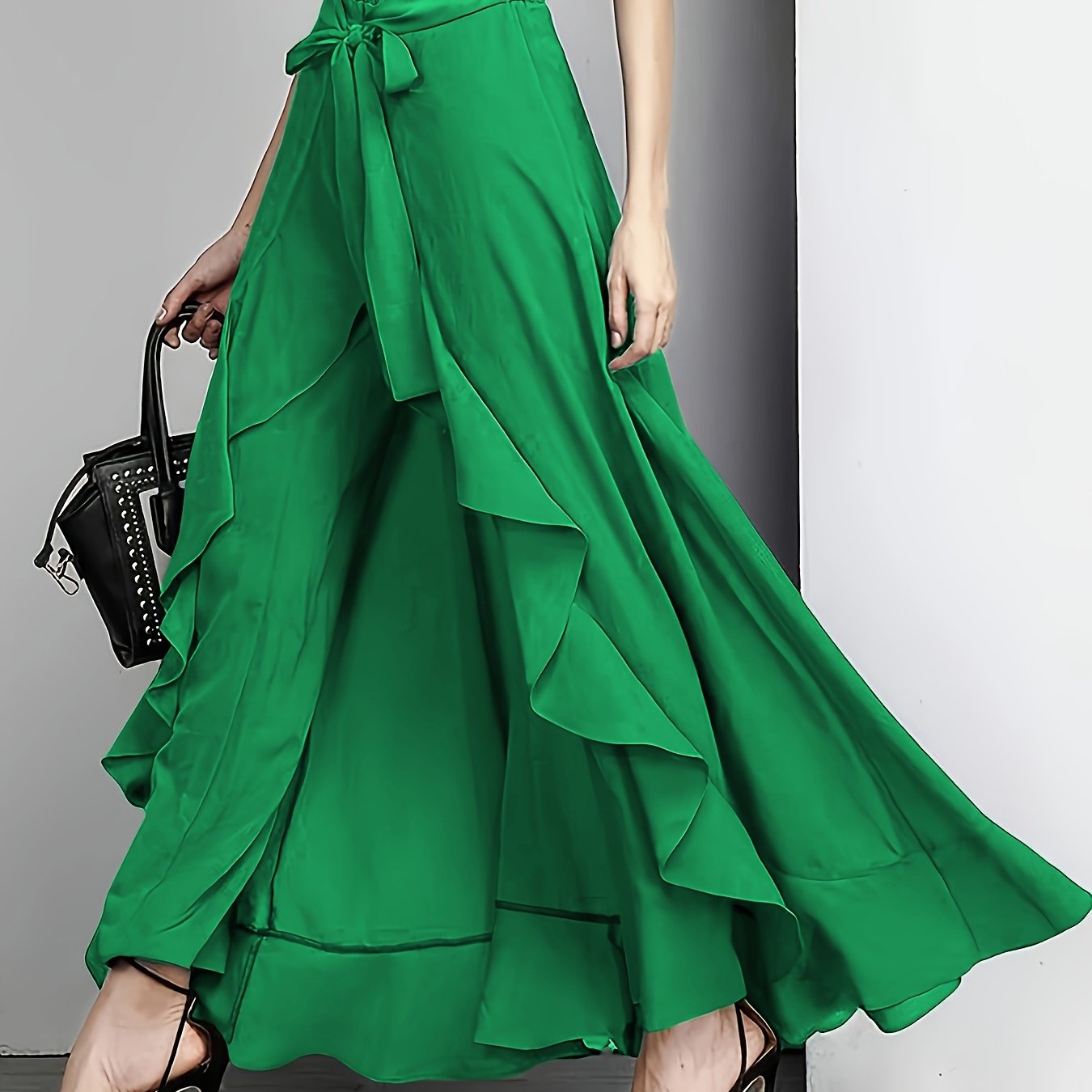 Pantalones acampanados con volantes de color sólido para mujer en 100% poliéster, de pierna recta para todas las estaciones