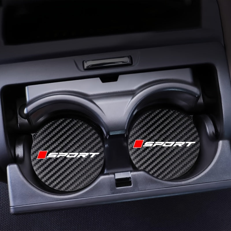 2PCS Non-Slip Carbon Fiber Cup Holder Coasters Sporty Round PU Leather Car Accessories