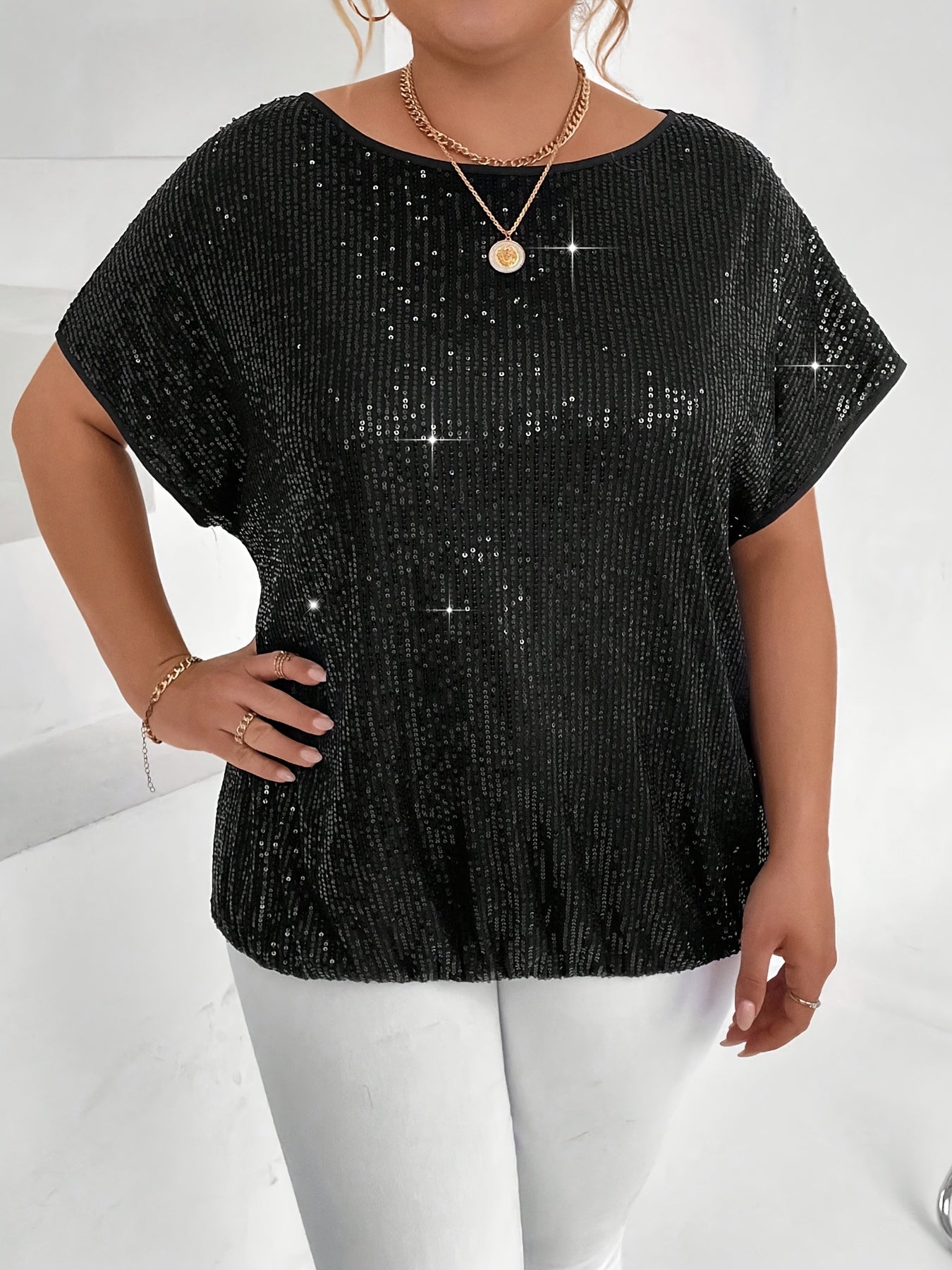 Plus Size Women's Sequin Short Sleeve T-Shirt Lightweight Silver Casual Top