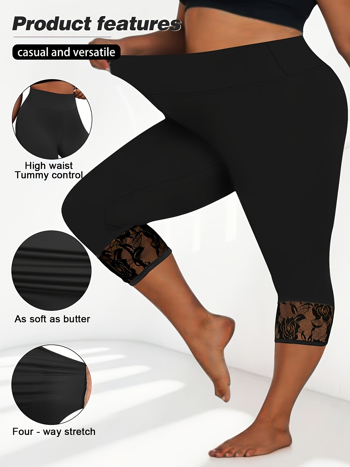 Plus Size Women's High-Waisted Lace Trim Shorts 7-Inch Stretchy Fabric