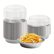 Набор из 10 одноразовых круглых алюминиевых форм с крышками, каждая диаметром 7 дюймов. Эти фольговые формы имеют прозрачную куполообразную крышку, что делает их идеальными для пирогов, выпечки и контейнеров для еды на вынос.