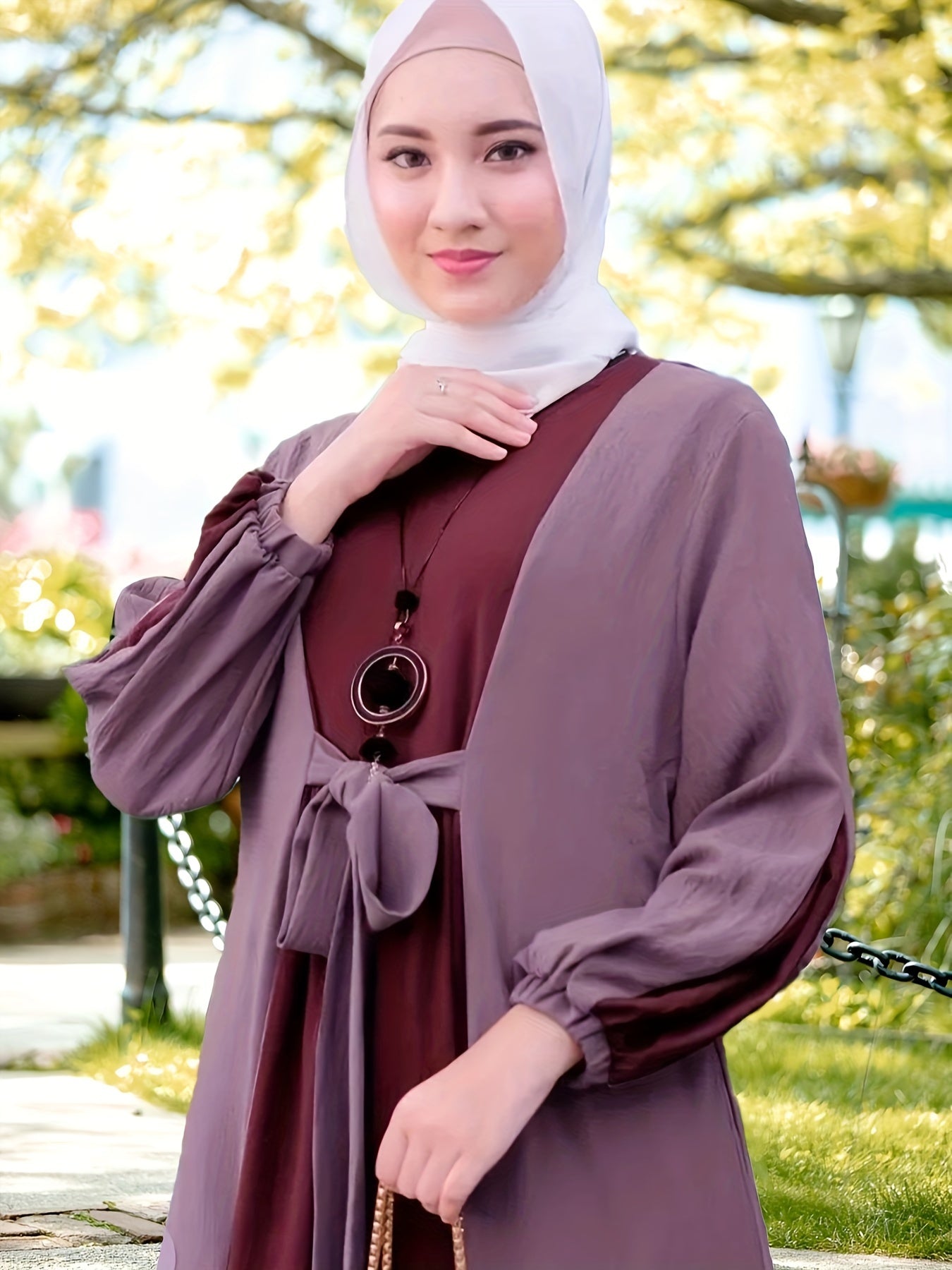 Ramadan-Inspired Long Dress with Color-Contrast Waistband and Long Sleeves