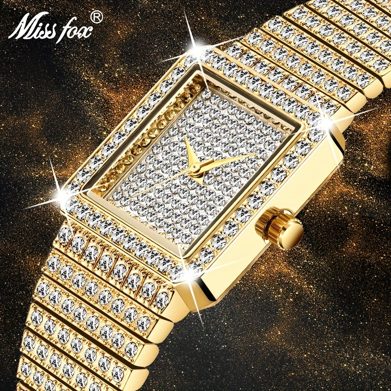 Women's Gold Square Watch Minimalist Analog Quartz Ice Watch Elegant Jewelry