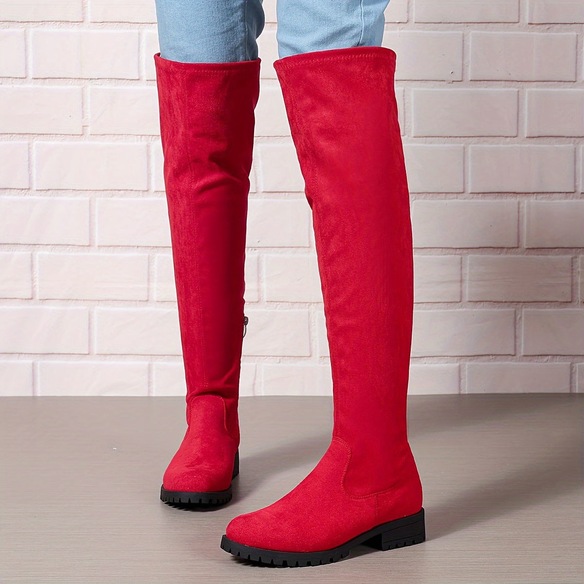 Women's Solid Color Chunky Heel Over The Knee Boots With Side Zipper