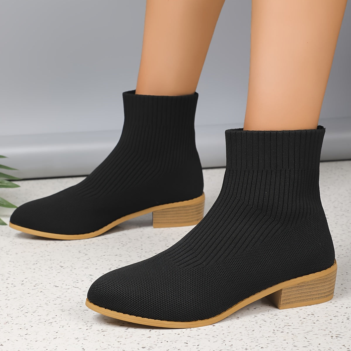 Women's Knit Boots Breathable Round Toe Chunky Heels Fall Sneakers