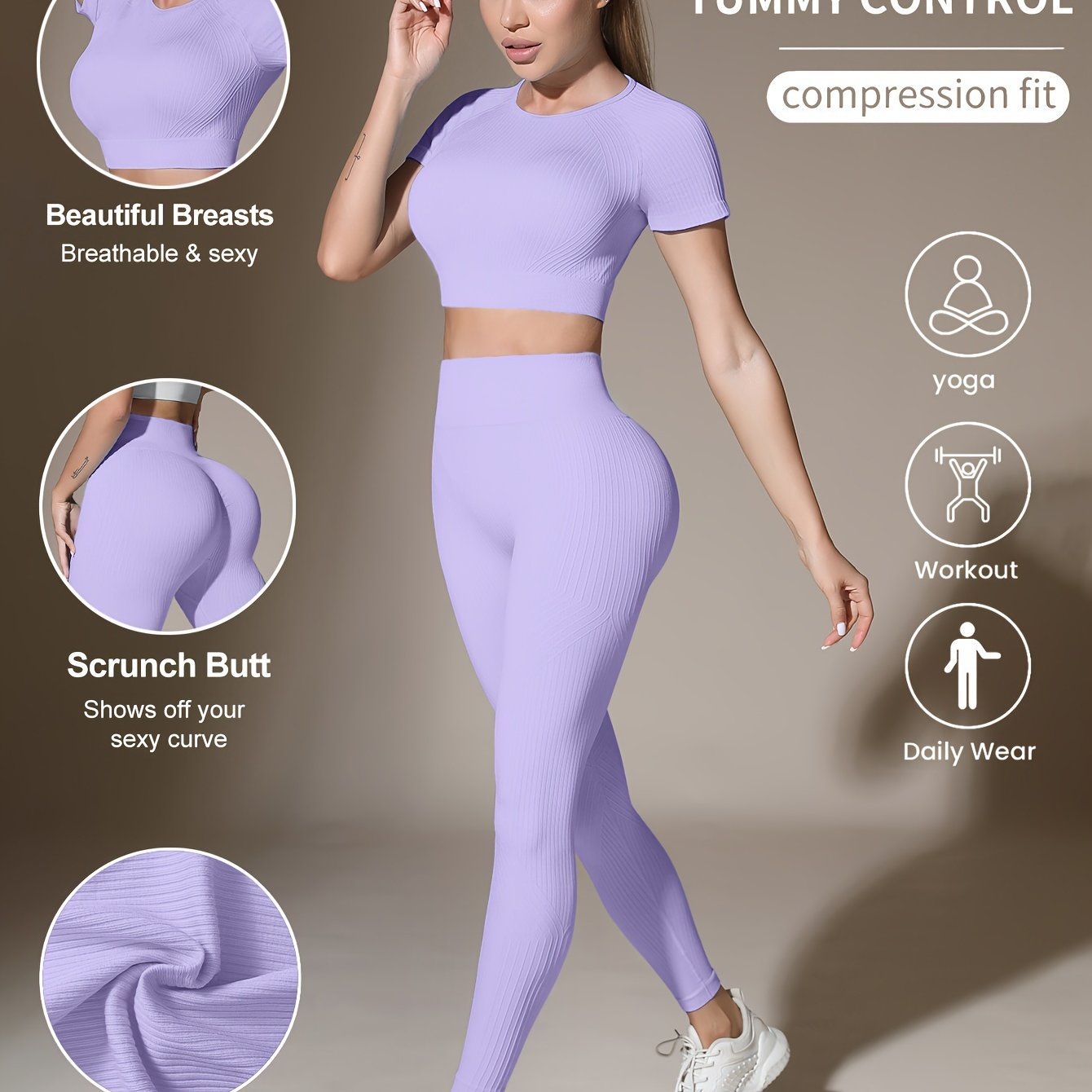 Women's Activewear Set for Workout and Running Breathable Yoga Top High Waist Leggings Solid Color