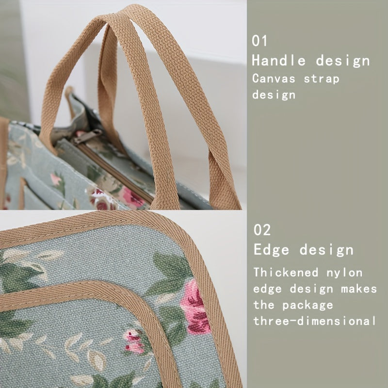 Insulated Canvas Lunch Bag with Floral Print, Large Capacity, Reusable