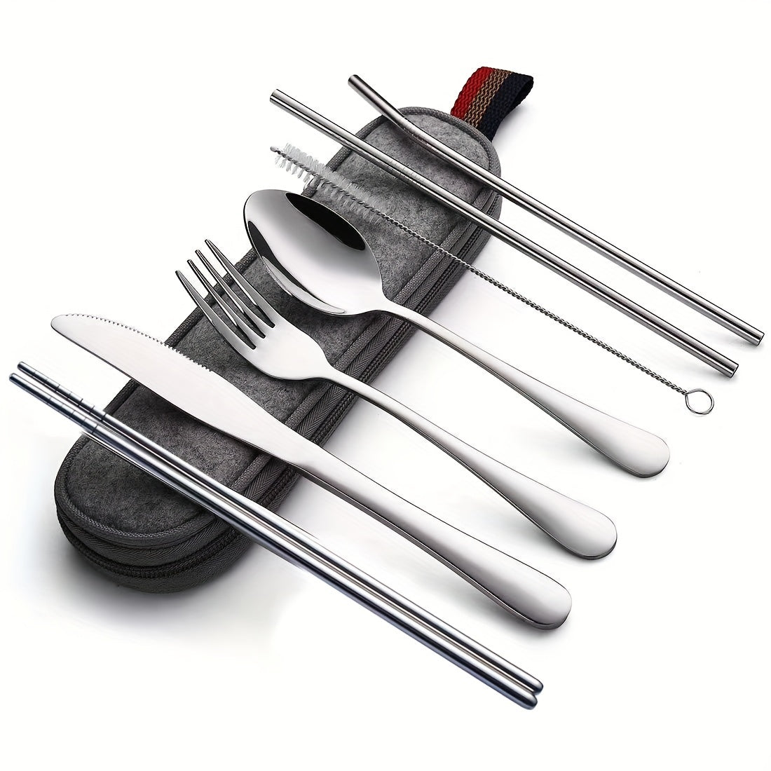 Camping Cutlery Set with 8 Stainless Steel Pieces Knife Fork Spoon Chopsticks and Carry Case
