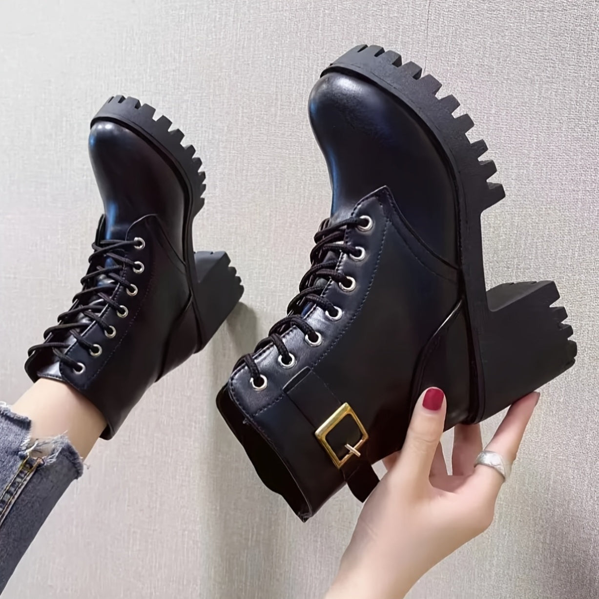 Women's Ankle Boots Black PU Platform Lace-Up High Heels Durable Sole
