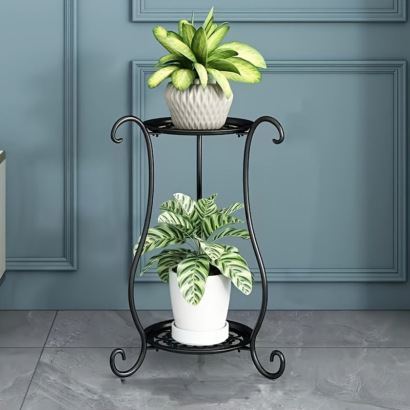 Black 2-Tier Iron Plant Stand Indoor Outdoor Decorative Vines Lightweight Sturdy