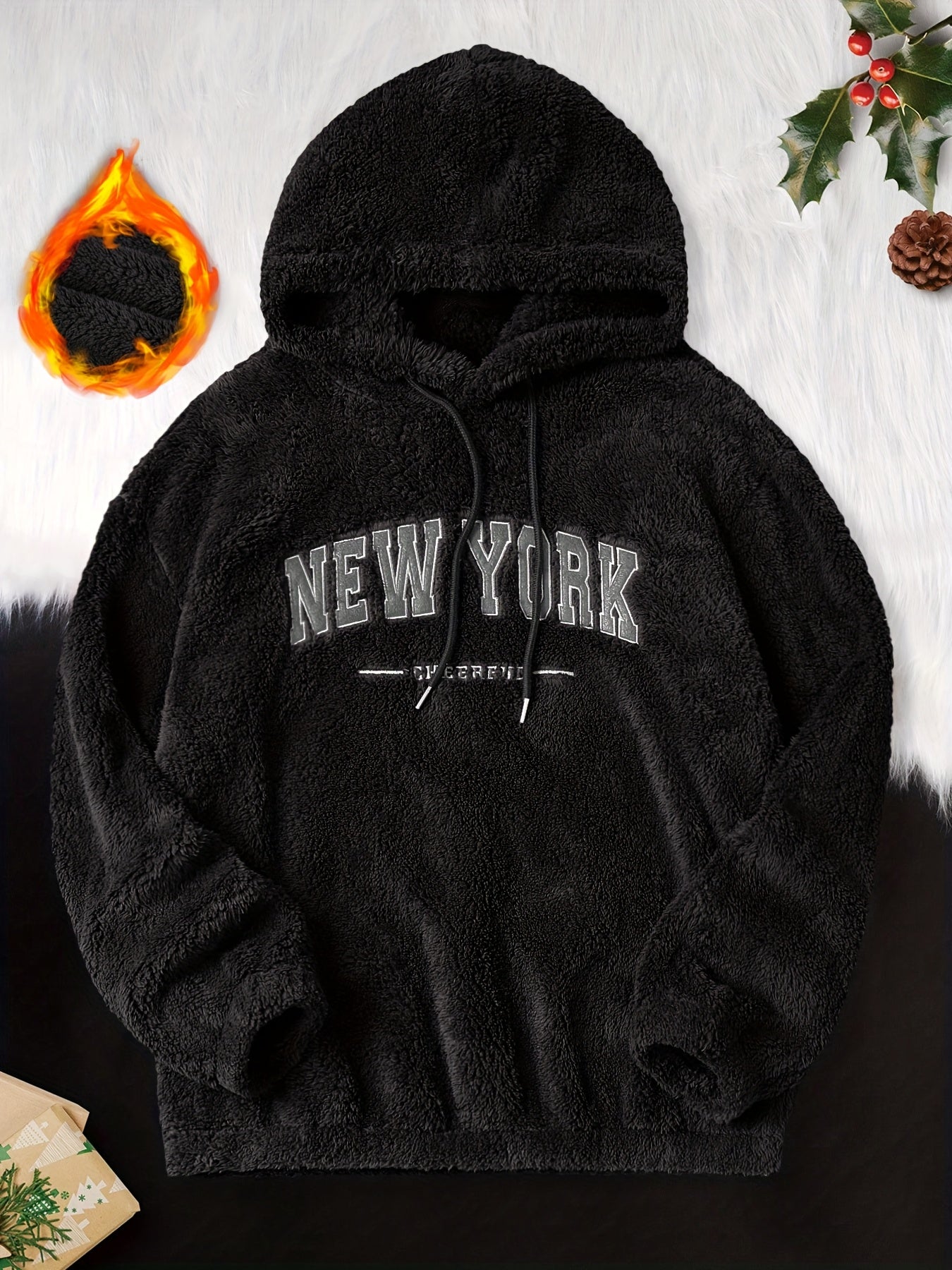 Men's Fleece Hoodie with Drop Shoulder Embroidered New York Winter Fall Back to School