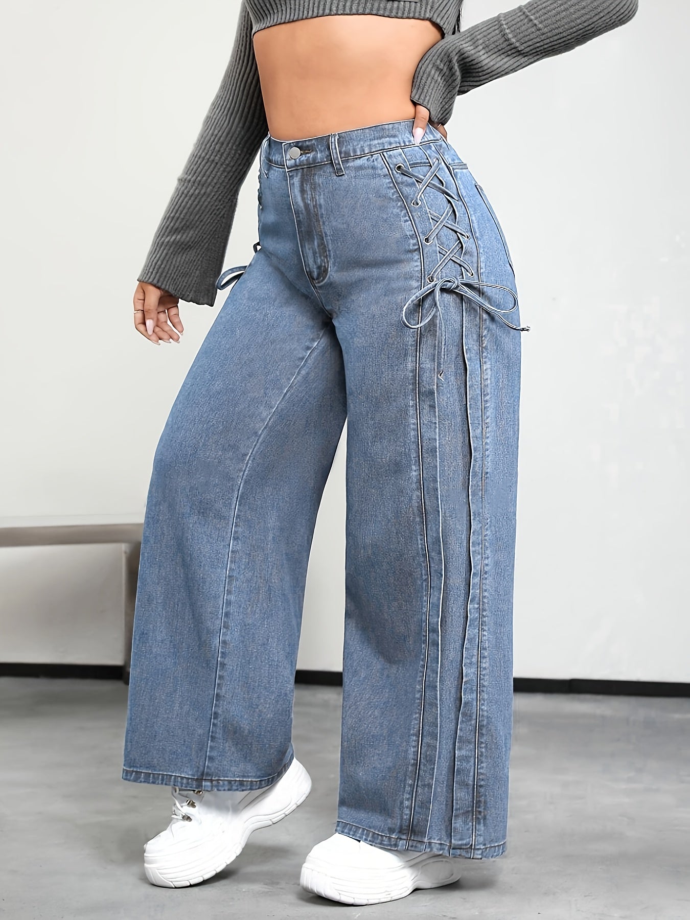Plus Size Women's Wide Leg Casual Jeans With Side Tie Elastic Waist