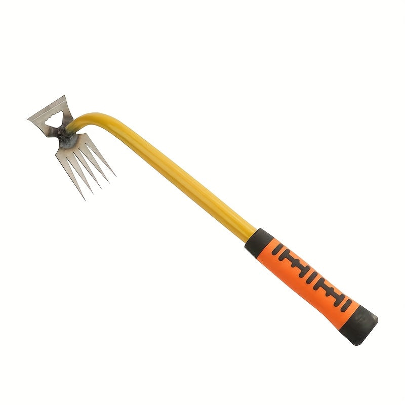 Rastrillo de maleza de acero al manganeso duradero con mango ergonómico amarillo y naranja para jardinería