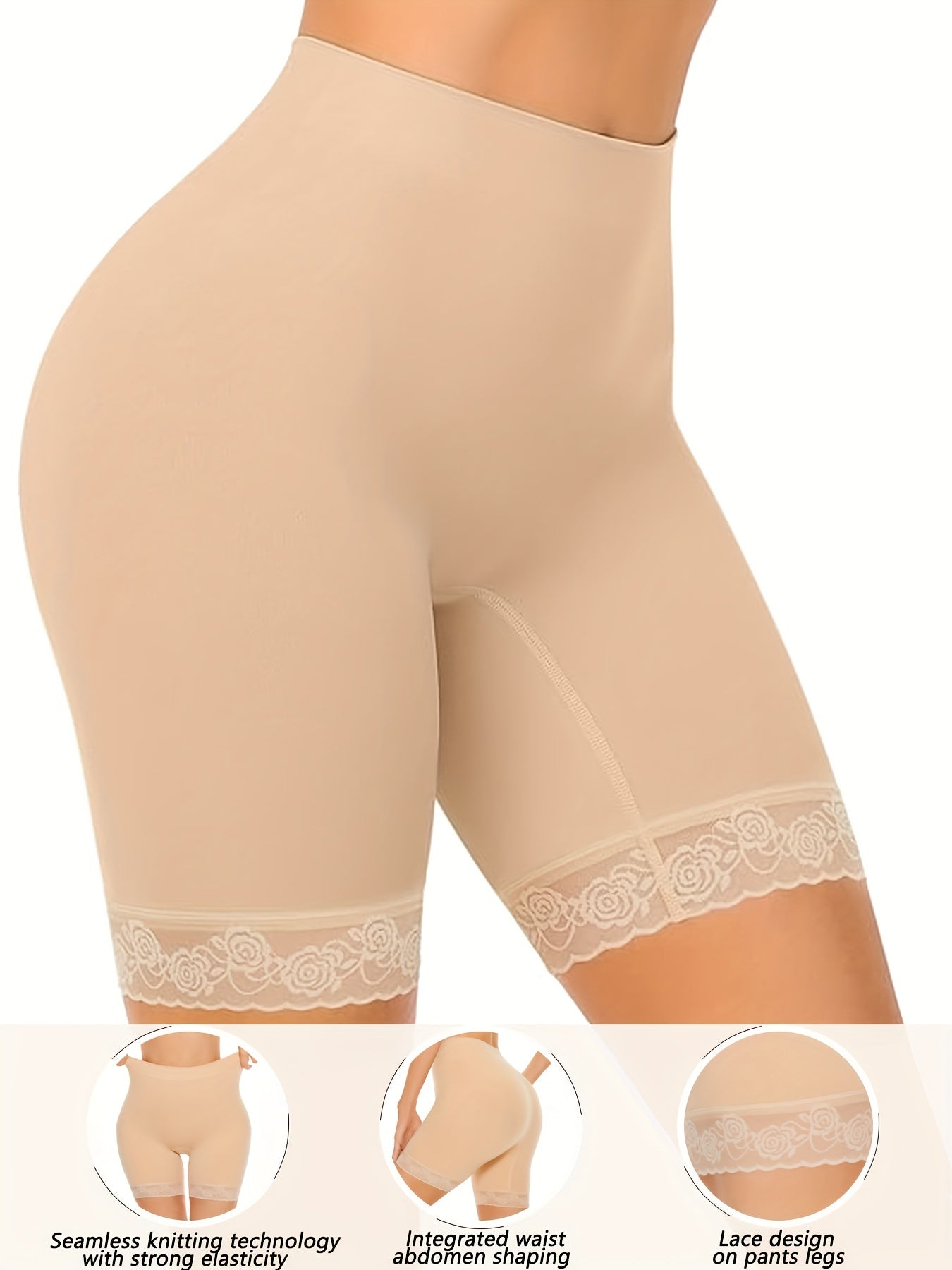 Women's Seamless High-Waist Chub Rub Shorts Anti-Chafing Lace Trim Nylon Elastane