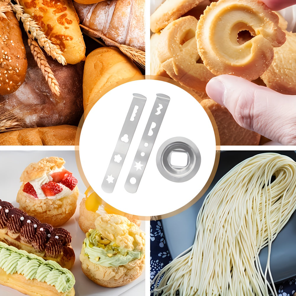 8 ta naqshli pirojnoe qo'shimchasi va zanglamaydigan po'latdan yasalgan pechene qo'shimchasi, ulanish halqasi va 5-o'lchamli go'sht maydalagich uchun pechene qolipi bilan birga, 3 dona o'z ichiga oladi.