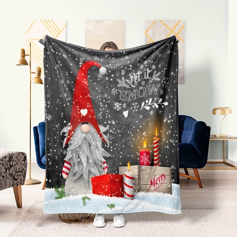Christmas Gnome Print Flannel Blanket Lightweight Knit for Home and Gifting