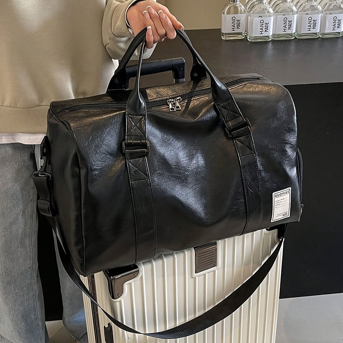 Large Capacity PU Duffel Bag with Wet Dry Separation Shoe Compartment for Travel Gym and Business