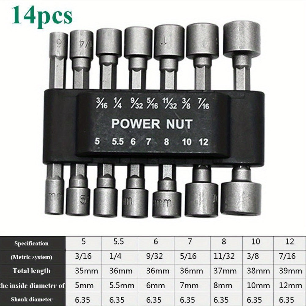14pcs 1/4 Inch Hexagonal Shank Power Nut Driver Bits Chrome Vanadium Steel