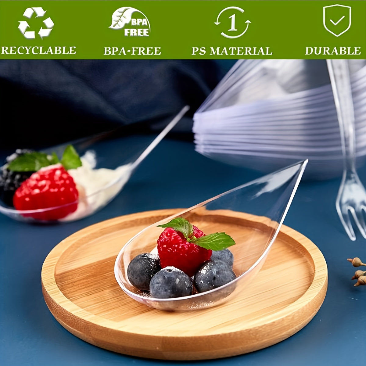 Set of 50 or 100 Clear Plastic Mini Appetizer Plates and Tasting Forks 10.16cm