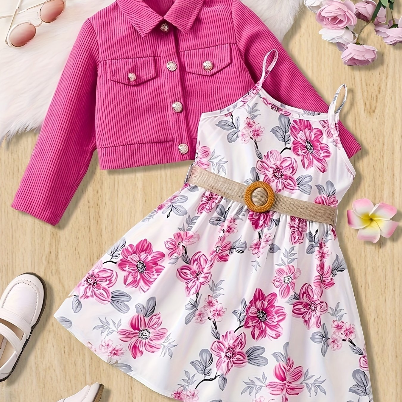 Girls Casual Outfit Set with Ribbed Corduroy Jacket Floral Cami Dress Belt for Spring Fall Outdoor Parties