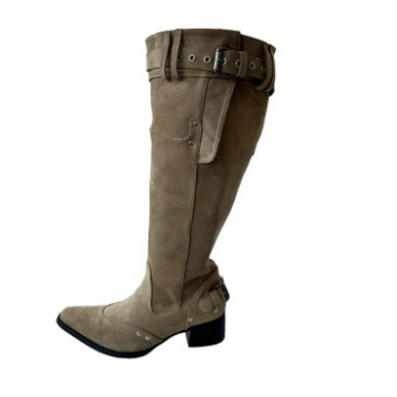 Women's Western Cowboy Boots Fabric Upper Pointed Toe Low Heel Brown Beige