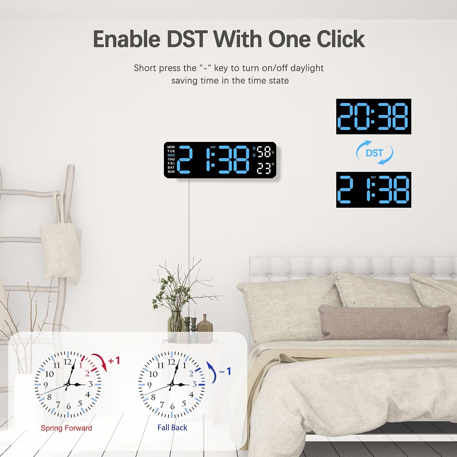 Large Digital Wall Clock with Dual Alarm Temperature Humidity Date Display