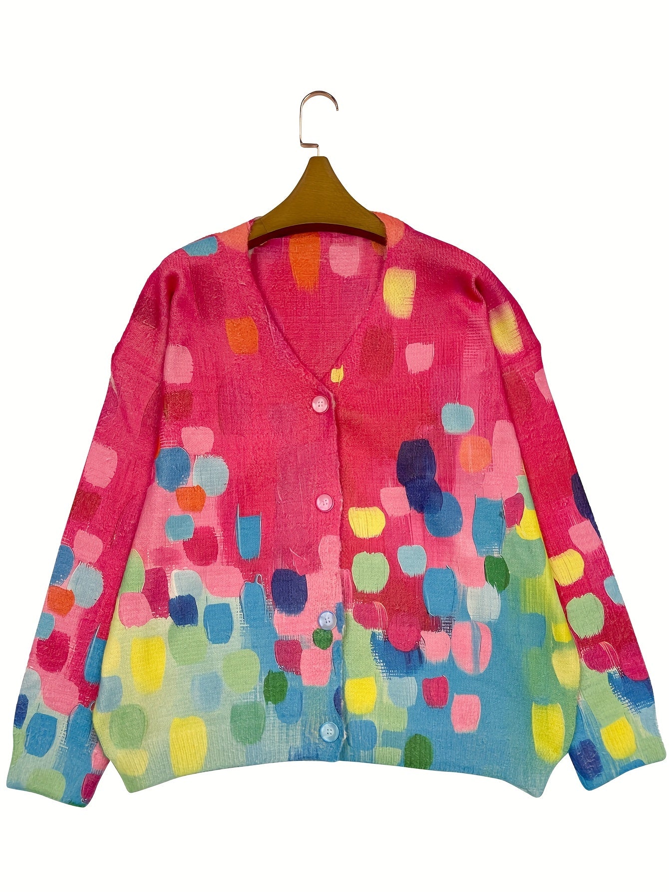 Plus Size Women’s Polyester Knit V-Neck Cardigan with All Over Print