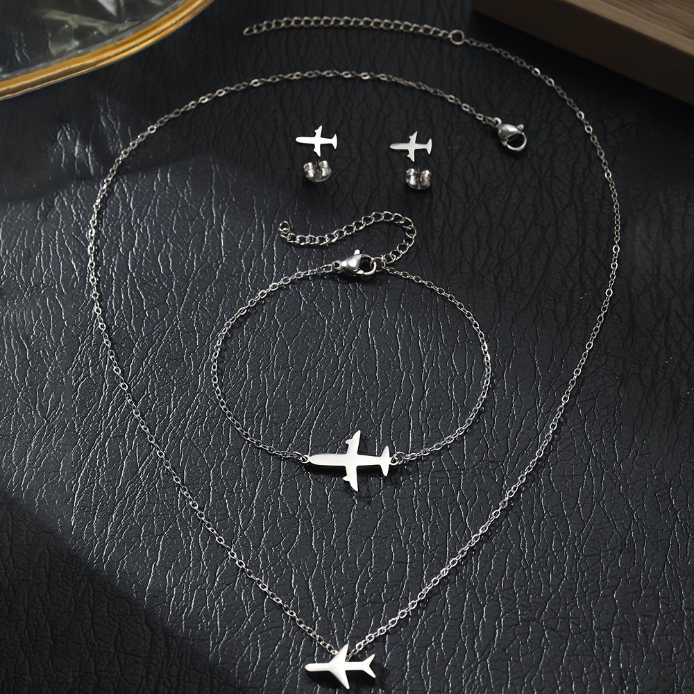 Women’s Jewelry Set Stainless Steel Airplane Pendant Necklace Bracelet Earrings Gift