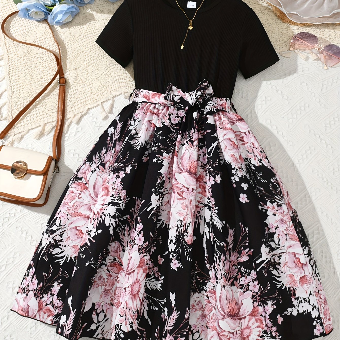 Girls Summer Blue Floral Spliced Knee High Dress with Belt and Short Sleeves