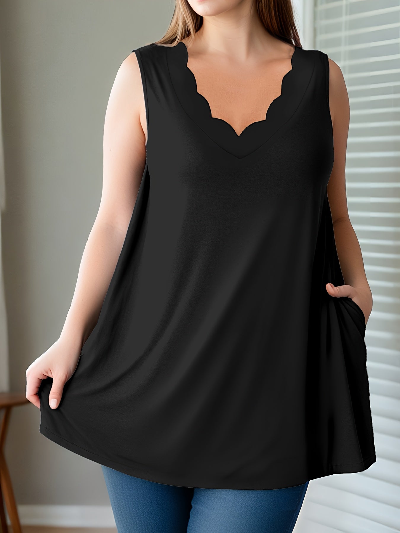 Women's Sleeveless Maxi Tank Top with Pockets V-Neck Solid Polyester Spandex