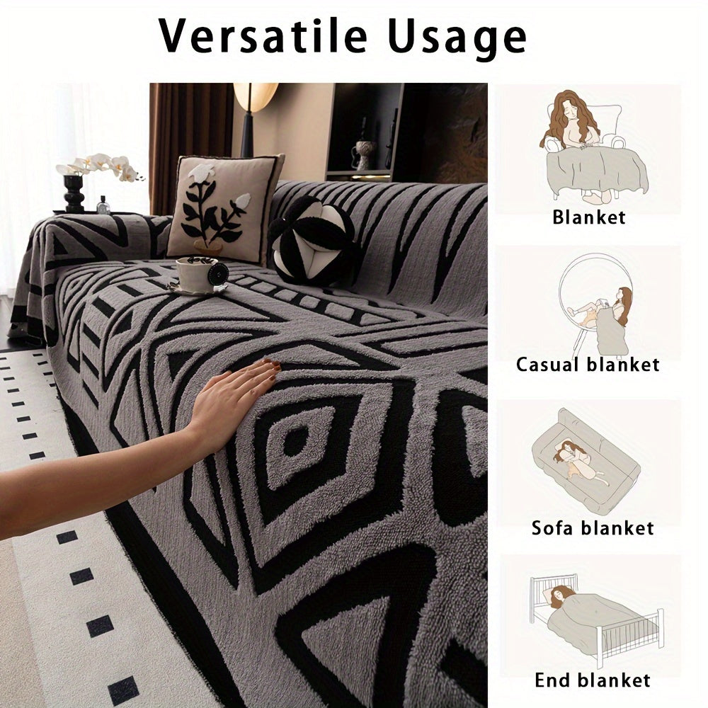 Boho Style Geometric Velveteen Sofa Throw with Machine Washable Cover for Armchair Loveseat and Sofa