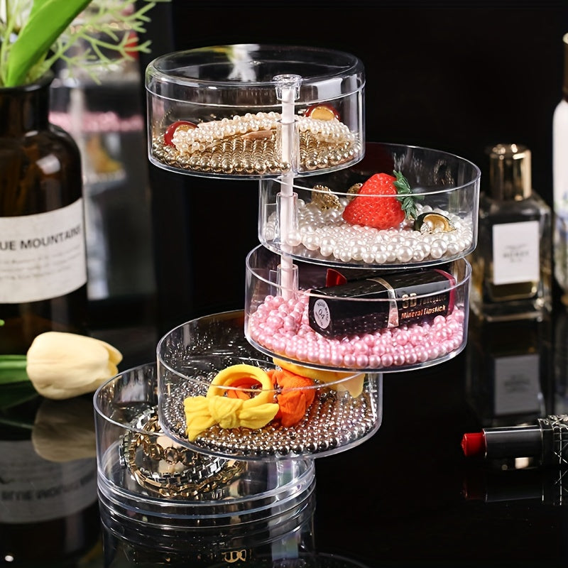 5-Tier Jewelry Organizer with Rotating Earring and Bracelet Storage Clear Dustproof Lid